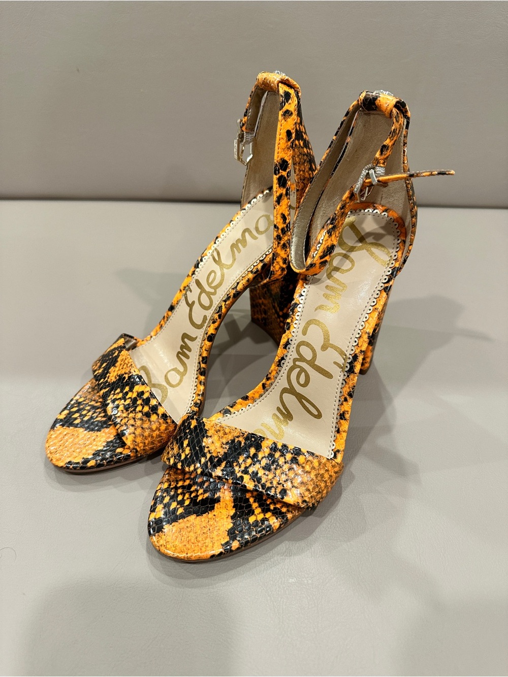 Sam Edelman Yellow-Black Snake Print Ankle-Strap Heels - Picture 2 of 10